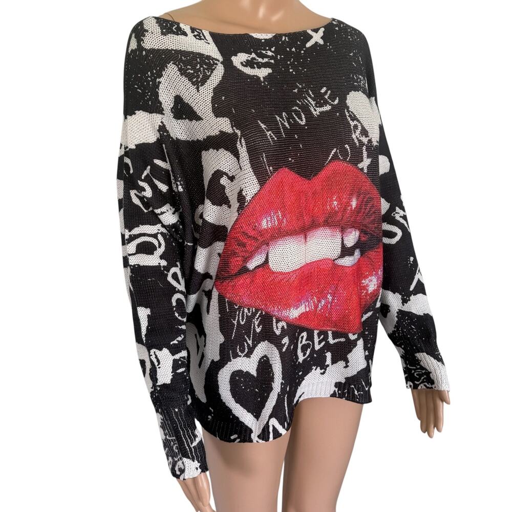 Y2K Lips Graphic Dolman Knit Sweater Made in Italy Goth McBling Alternative Blck - Picture 3 of 8